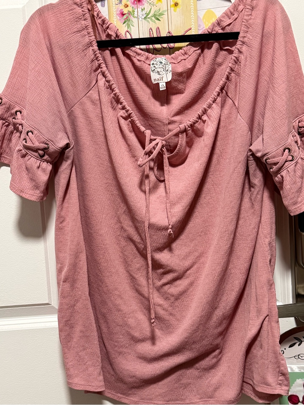 NAIF Rose Pink Peasant Blouse with Tie Neck